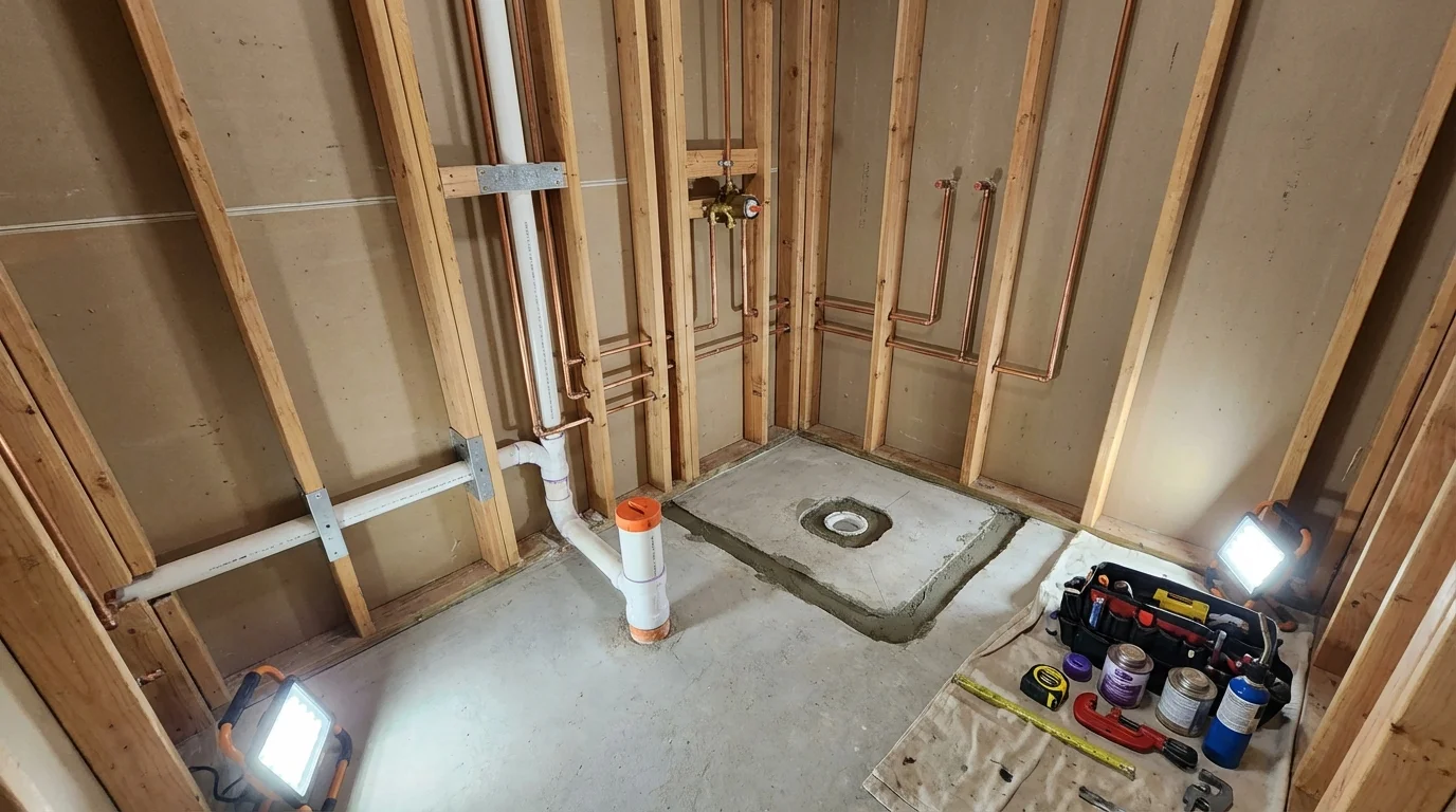 Bathroom rough-in plumbing during remodel by Johns Plumbing LLC in Dilley