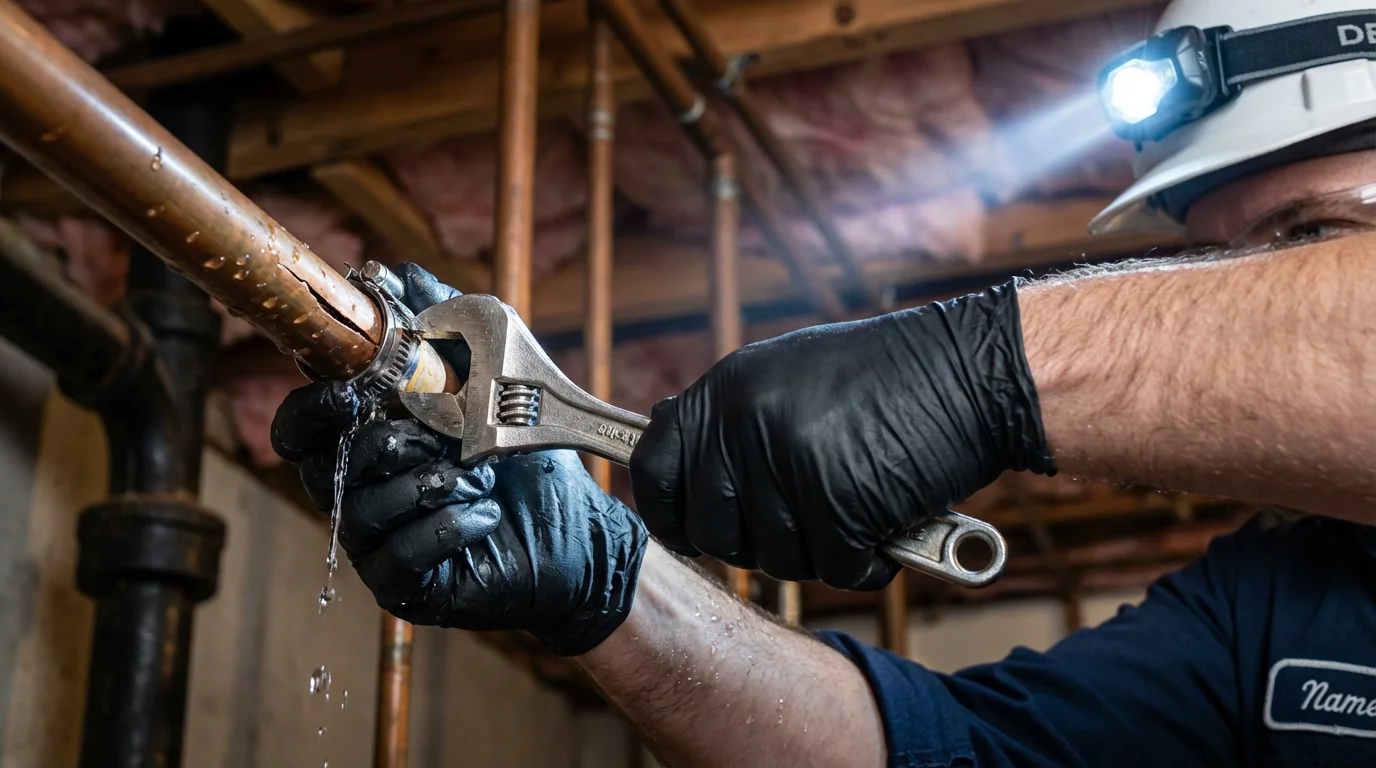 Emergency pipe clamp repair being performed by a Johns Plumbing LLC plumber in Dilley