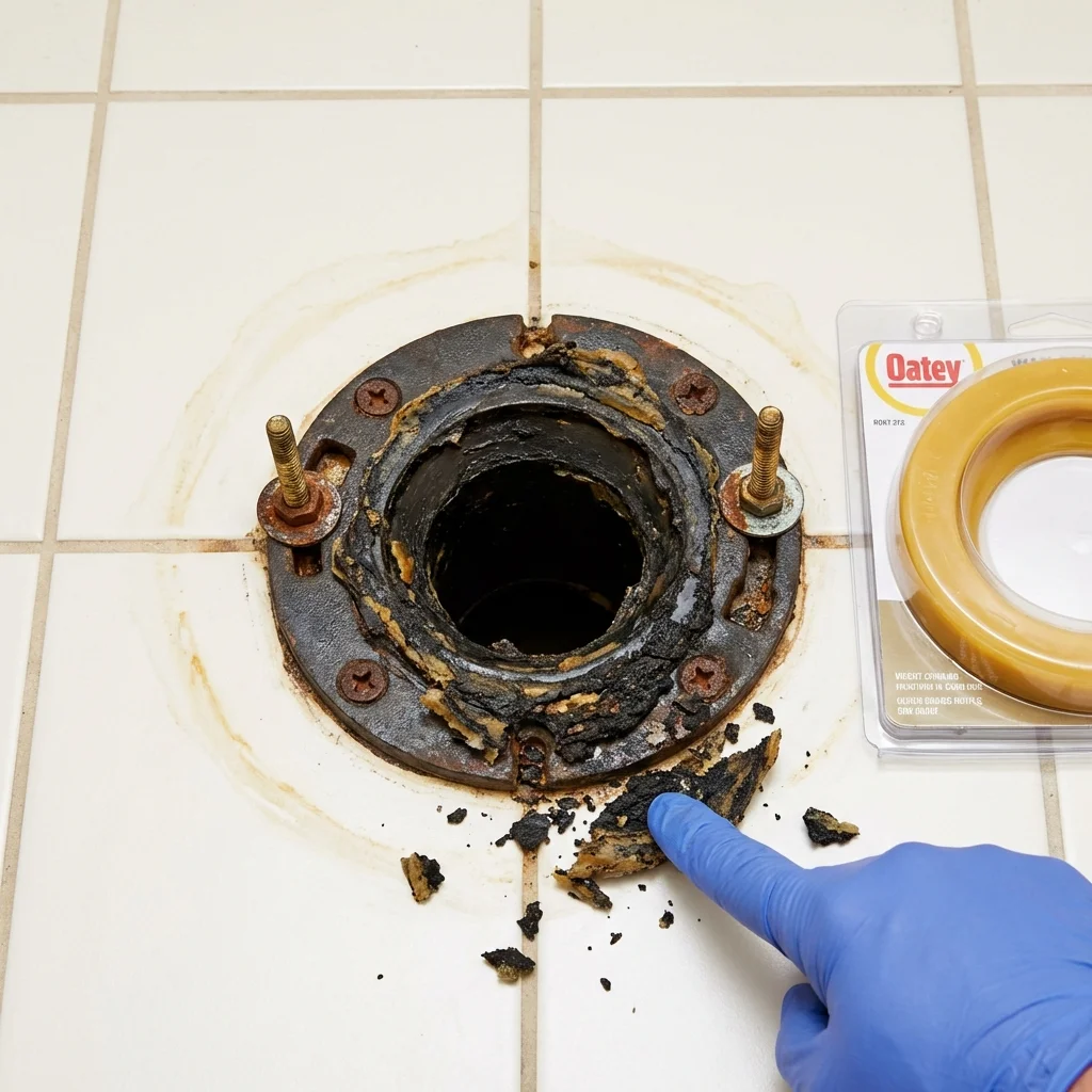 Failed wax ring showing water seepage at the base of a toilet in a Dilley, TX home