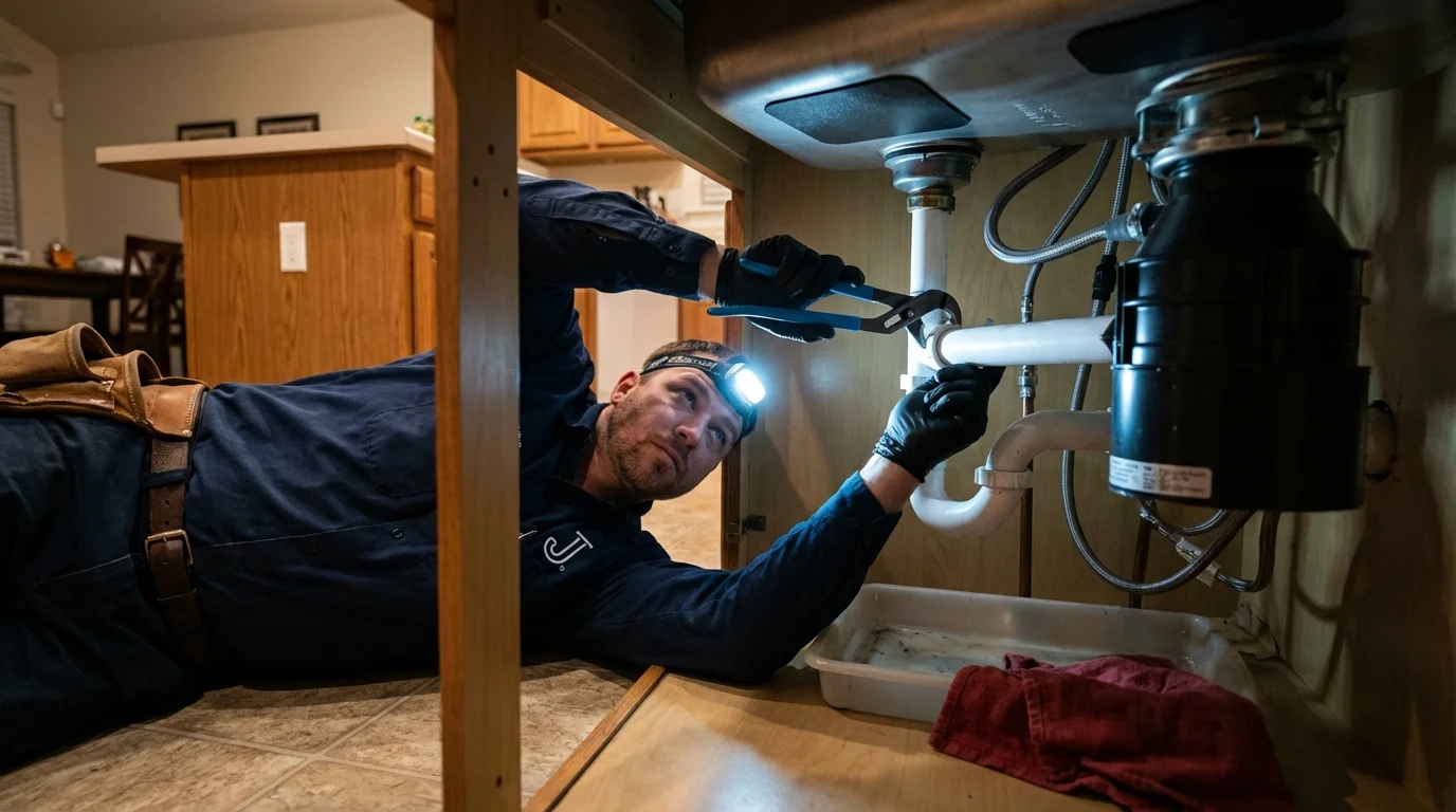 P-trap and supply line connections under a kitchen sink showing a common leak point in Dilley, TX